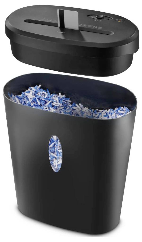 Un destructeur de documents noir avec le couvercle ouvert, montrant des morceaux de papier bleu et blanc à l'intérieur.