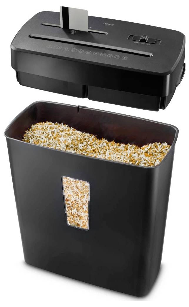 Un destructeur de documents noir avec une fente d'alimentation supérieure et une fenêtre transparente montrant du papier déchiqueté à l'intérieur du bac, indiquant sa capacité.