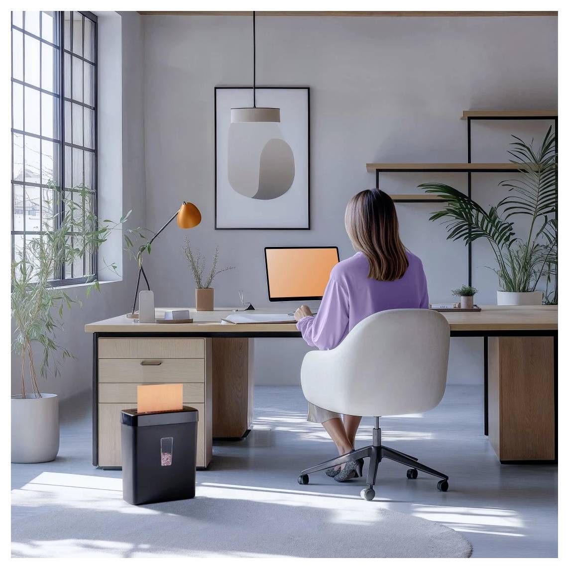 Une femme est assise à un bureau dans un bureau moderne avec un ordinateur. Une déchiqueteuse est en marche à proximité, et des plantes décorent l'espace. La lumière naturelle entre par de grandes fenêtres.