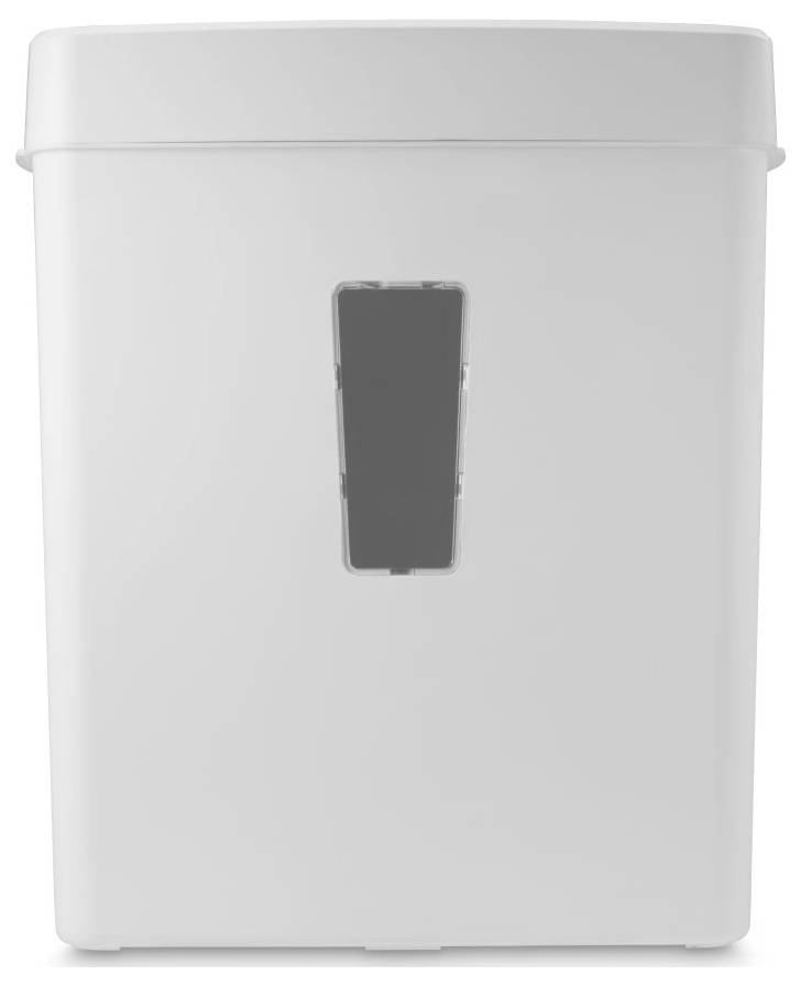 Une poubelle en plastique blanc avec une fenêtre rectangulaire sombre sur l'avant, indiquant le niveau de remplissage, posée contre un fond uni.