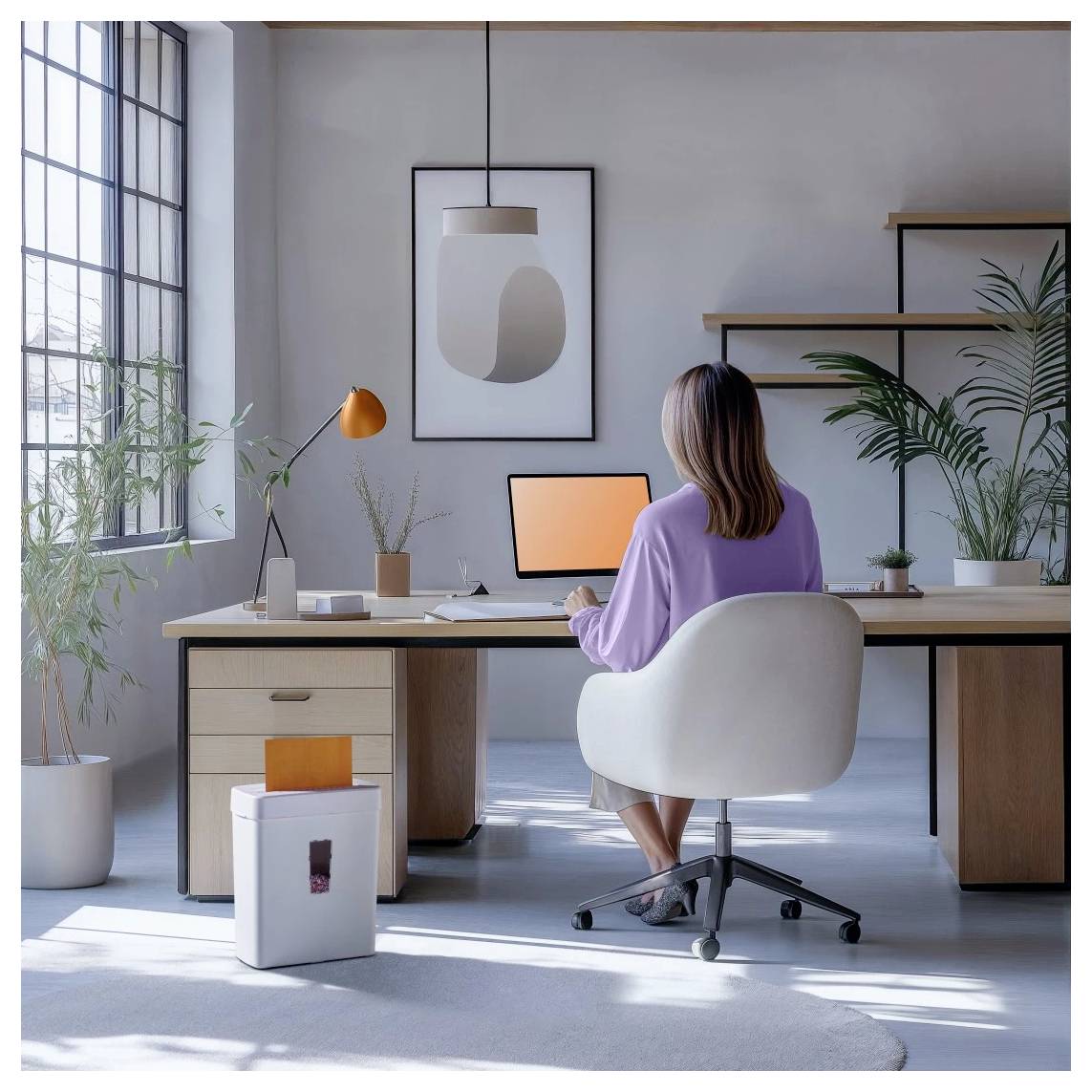 Une personne est assise à un bureau moderne dans une pièce lumineuse avec de grandes fenêtres, travaillant sur un ordinateur. L'espace comporte des plantes et une décoration minimaliste.