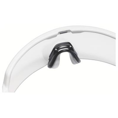 Une vue rapprochée d'un appareil blanc au design incurvé avec une partie supérieure noire rappelant un pont de nez, probablement un dispositif technologique portable tel que des lunettes intelligentes.