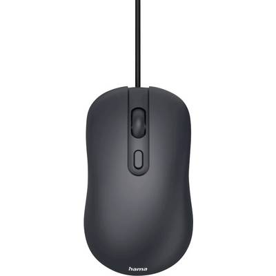 Une souris d'ordinateur filaire noire avec une molette de défilement et deux boutons est représentée depuis une vue de dessus.