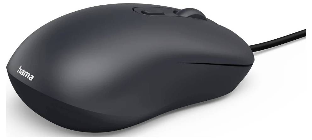 Une souris d'ordinateur filaire noire avec une molette de défilement et un logo de marque visible sur le côté.