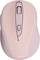 Une souris d'ordinateur sans fil rose avec une molette de défilement et des boutons latéraux, affichant la marque « hama » sur le dessous.