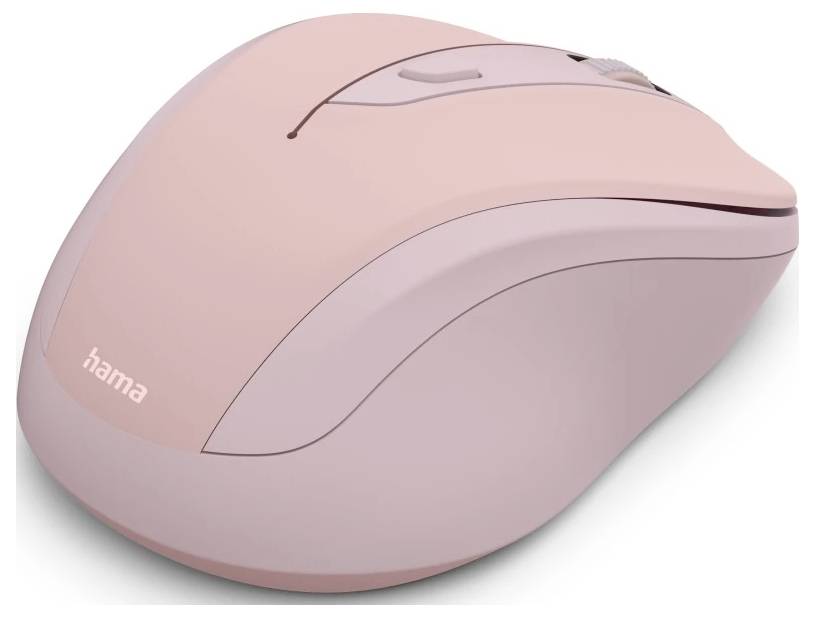Une souris d'ordinateur sans fil rose avec une conception ergonomique et une molette de défilement, portant la marque « hama ».