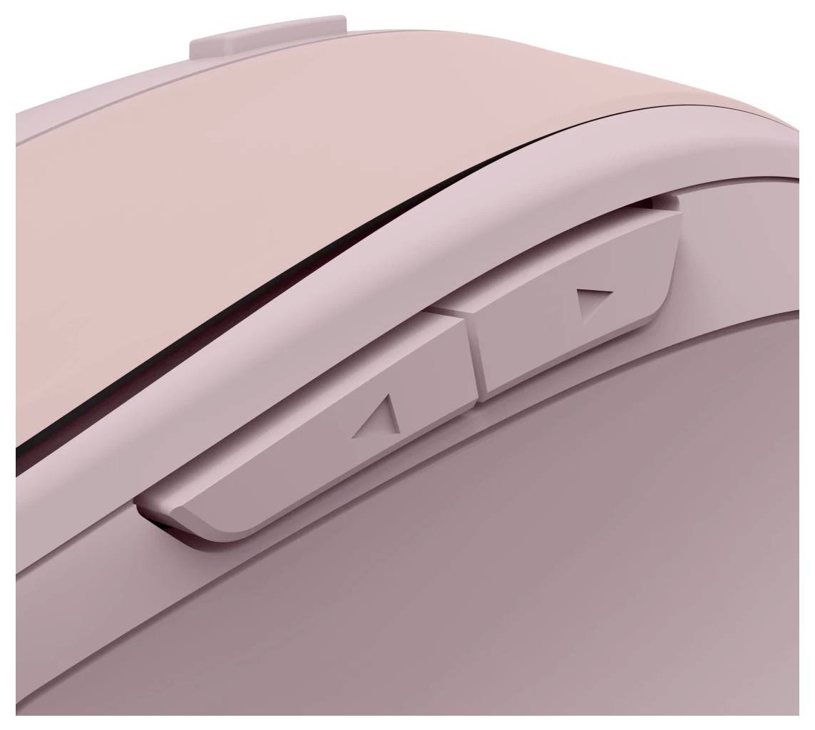 Un gros plan d'une souris d'ordinateur rose montre les boutons avant et arrière sur le côté pour une navigation facilitée.