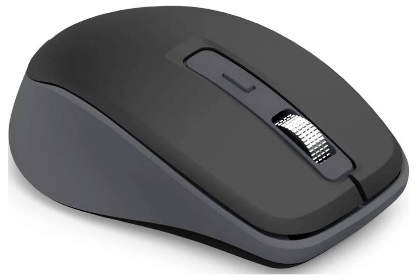Une souris d'ordinateur sans fil noire avec une molette de défilement et deux boutons.