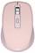 Une souris d'ordinateur sans fil rose, dotée d'une molette de défilement et d'un bouton situé en dessous, présentant un design élégant et moderne.