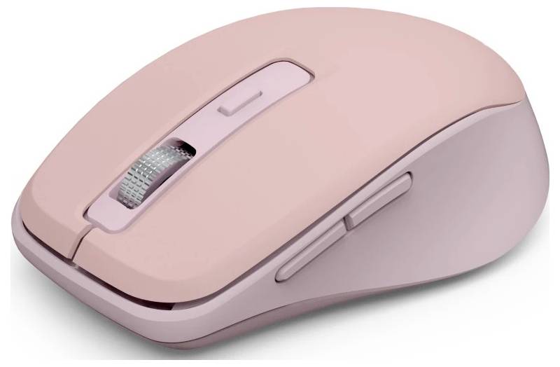 Une souris d'ordinateur sans fil rose, dotée d'une molette de défilement et de deux boutons latéraux, conçue pour offrir une fonctionnalité améliorée et un confort optimal.