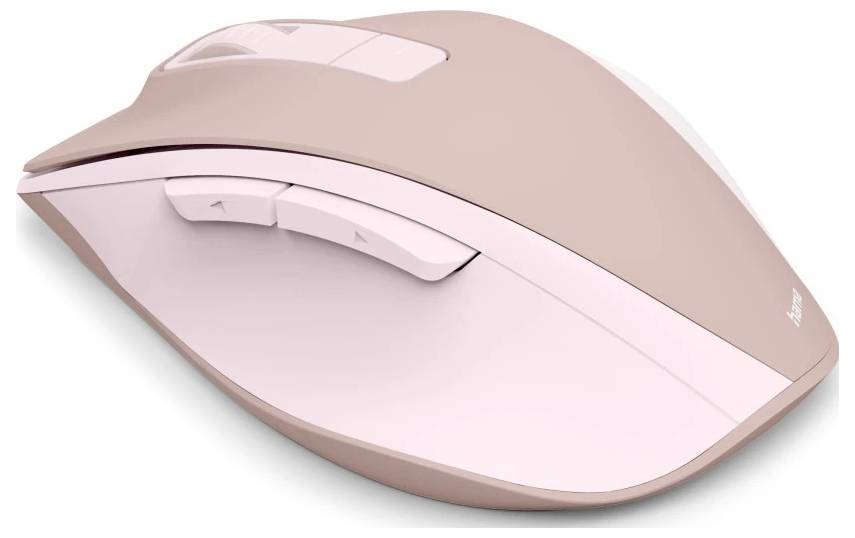 Une souris d'ordinateur rose à design ergonomique avec des boutons latéraux, adaptée à une utilisation avec la main droite, présentée sur un fond blanc uni.