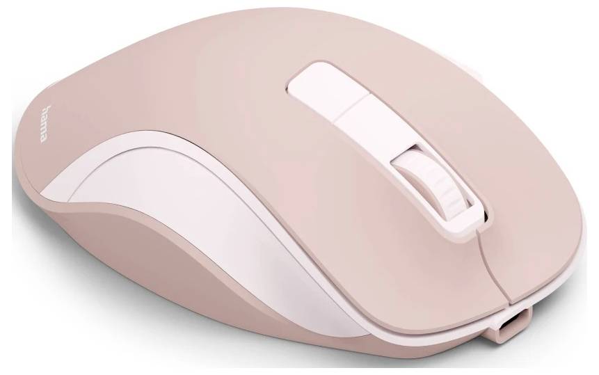 'Souris d'ordinateur sans fil rose avec deux boutons et une molette de défilement, présentant un design ergonomique élégant.'