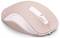 'Souris d'ordinateur sans fil rose avec deux boutons et une molette de défilement, présentant un design ergonomique élégant.'