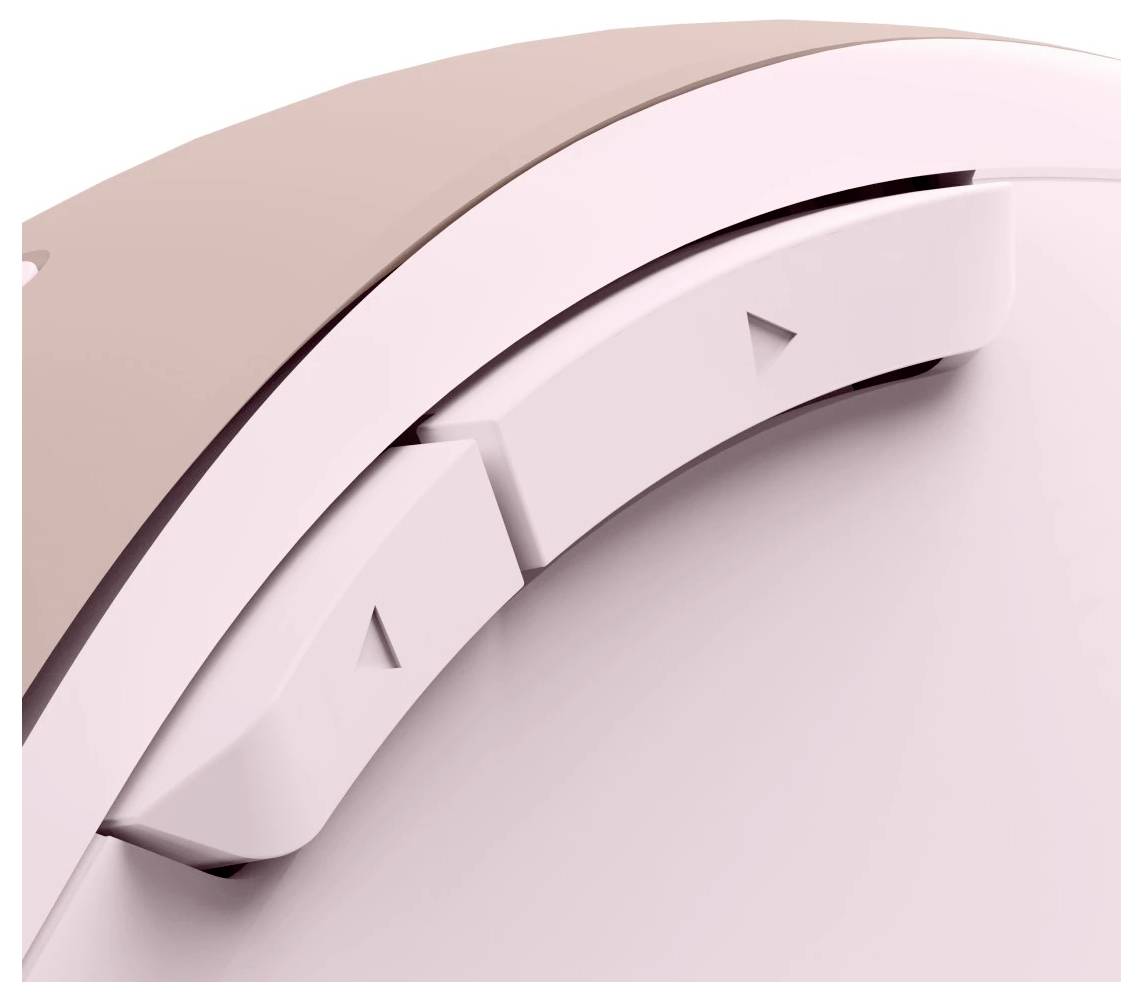 Un gros plan de deux boutons courbes et triangulaires sur une surface rose pâle, probablement une partie d'un appareil ou d'un dispositif.