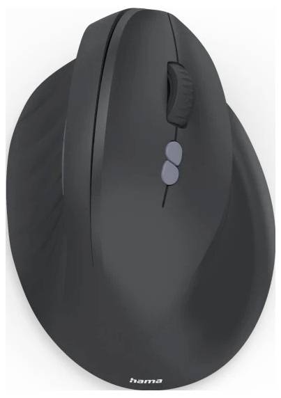 Souris d'ordinateur sans fil noire ergonomique avec molette de défilement et deux boutons latéraux. Conçue pour une utilisation avec la main droite.