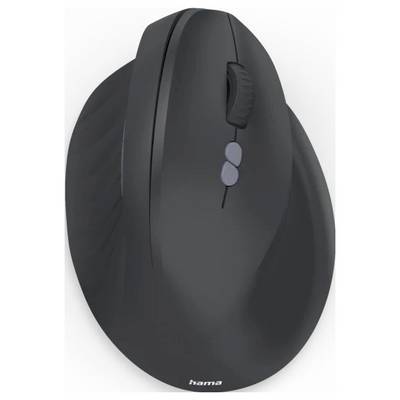 Souris d'ordinateur sans fil noire ergonomique avec molette de défilement et deux boutons latéraux. Conçue pour une utilisation avec la main droite.