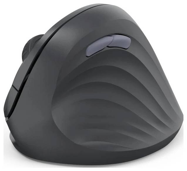 Souris d'ordinateur verticale ergonomique avec une surface texturée noire et un repose-pouce pour un positionnement et un confort de main améliorés.