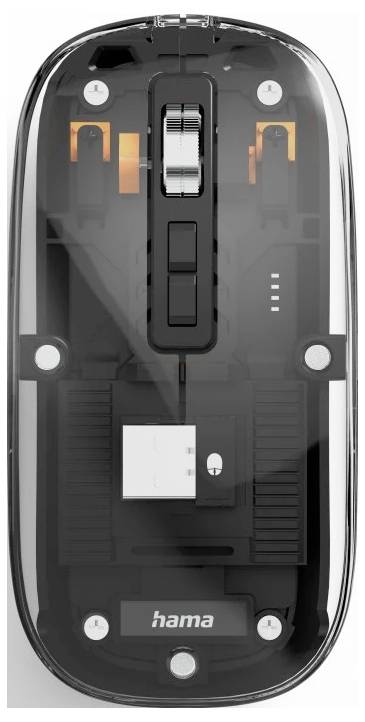 Une souris d'ordinateur transparente vue de dessus, révélant ses composants internes, notamment les circuits et les boutons, avec la marque 'hama' en bas.