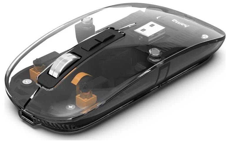 Une souris d'ordinateur sans fil élégante avec des composants internes visibles, comprenant un récepteur USB rangé à l'intérieur, sur un fond blanc.