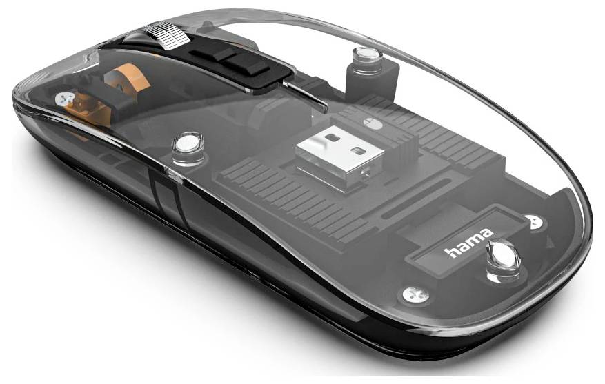 Une souris d'ordinateur sans fil transparente révèle ses composants internes. Elle est dotée d'une molette de défilement, d'un récepteur USB et d'une étiquette de marque.