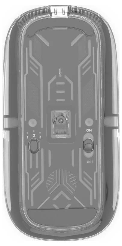 Une souris d'ordinateur transparente affichant ses composants internes, dotée d'une molette de défilement, d'un indicateur LED et d'un interrupteur marche/arrêt.