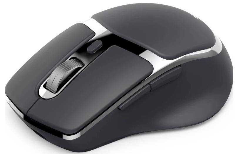 Une souris d'ordinateur sans fil élégante et moderne, dotée de boutons latéraux et d'une molette de défilement, en noir et gris, conçue pour une utilisation ergonomique.