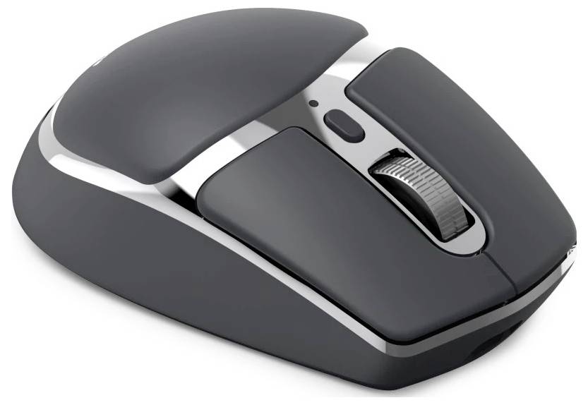 Une souris d'ordinateur élégante en noir et argent, dotée d'une molette de défilement et de boutons, conçue pour un usage ergonomique et une connectivité sans fil.