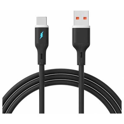 Un câble noir USB-C vers USB-A, présentant un symbole de foudre bleu sur l'extrémité USB-C, enroulé avec les connecteurs orientés vers le haut.