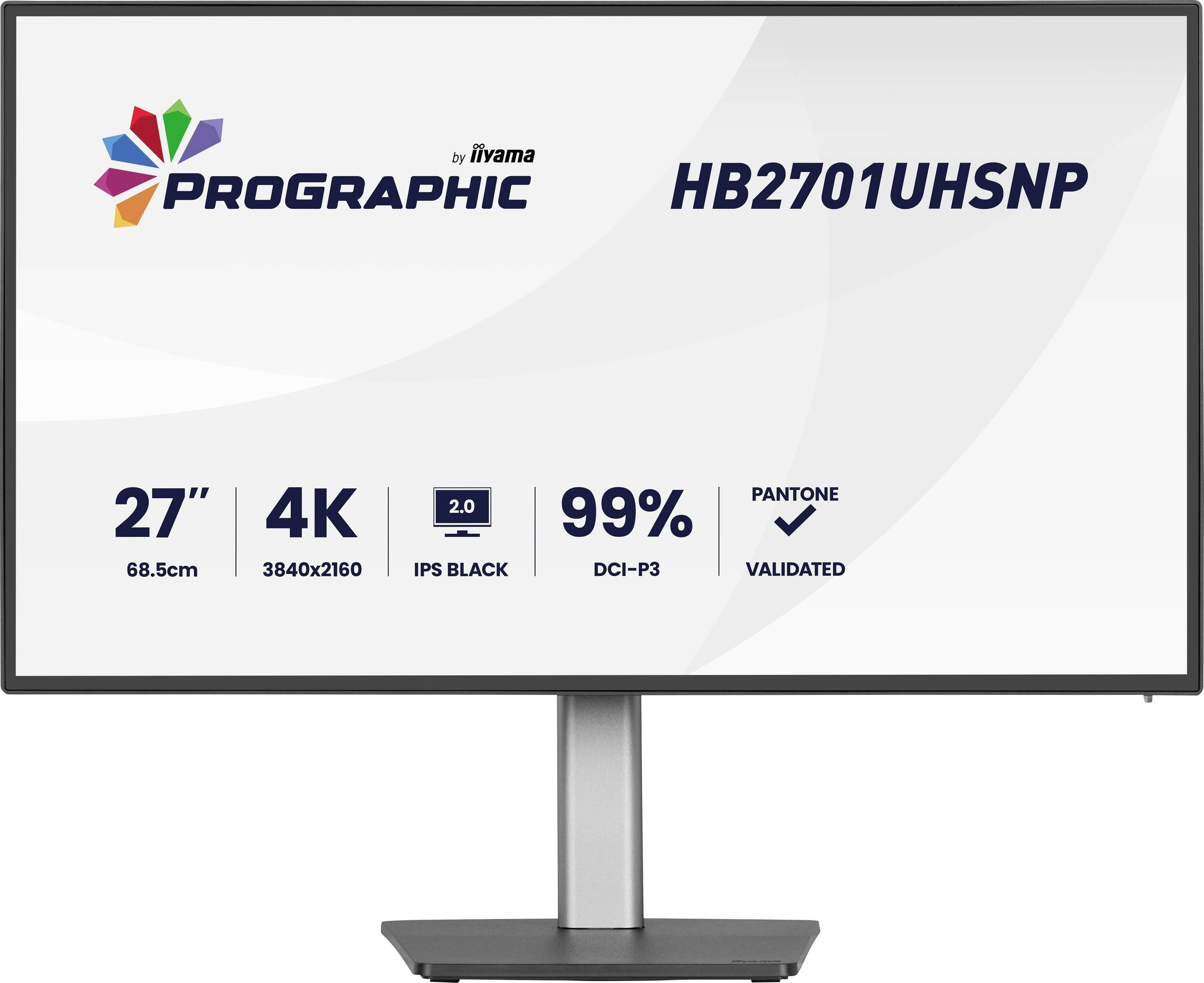 Un écran d'ordinateur affichant 'Prographic HB2701UHSNP' avec les caractéristiques listées : écran de 27 pouces, résolution 4K, technologie IPS Black, 99% DCI-P3, validé Pantone.