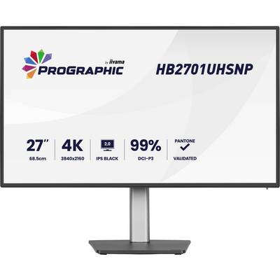 Un écran d'ordinateur affichant 'Prographic HB2701UHSNP' avec les caractéristiques listées : écran de 27 pouces, résolution 4K, technologie IPS Black, 99% DCI-P3, validé Pantone.