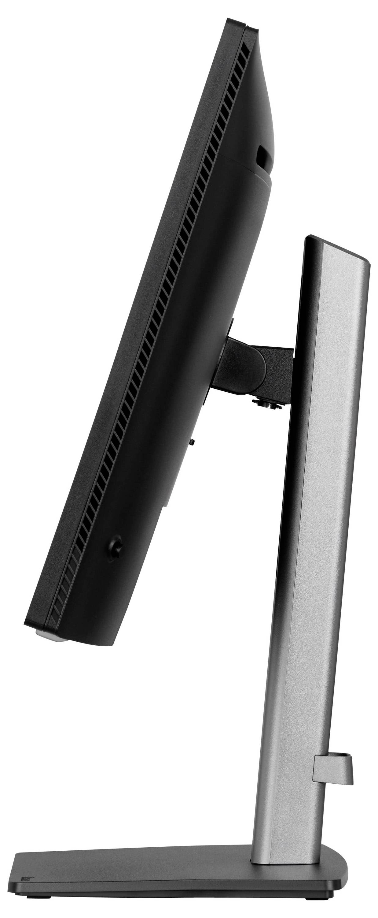 Un écran plat noir élégant, vu de côté, montrant son profil fin et son support réglable.