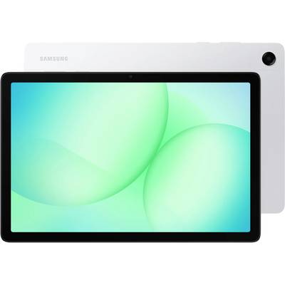 Une tablette avec un écran vert lumineux affichant des formes abstraites. Elle possède une caméra dans le coin supérieur droit et un logo 'Samsung' à l'arrière.