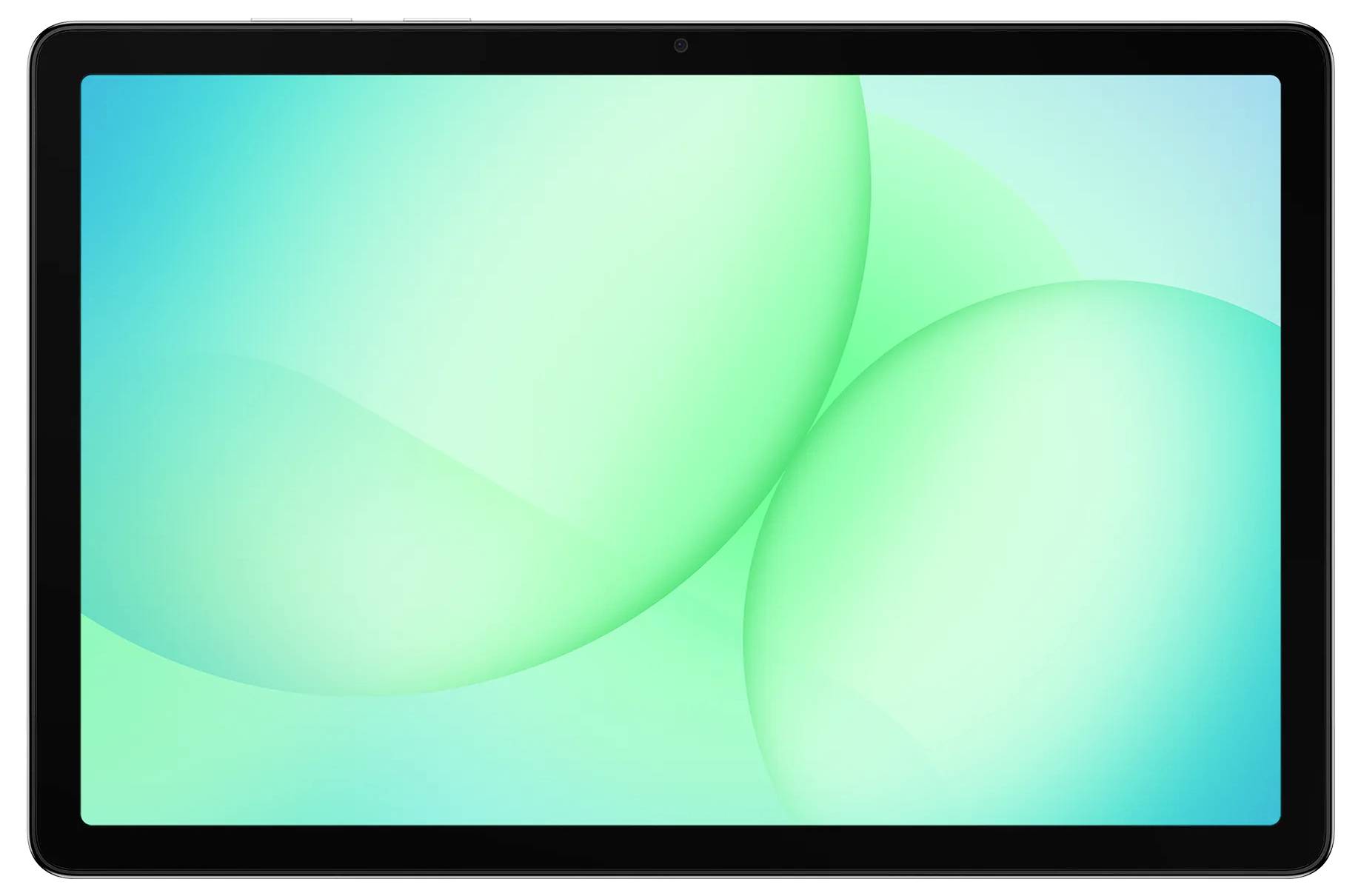 Une tablette numérique dont l'écran présente un design abstrait vert vif, incorporant des formes ovales translucides qui se chevauchent.