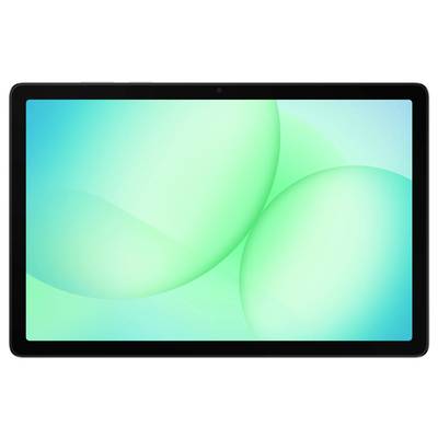 Une tablette numérique dont l'écran présente un design abstrait vert vif, incorporant des formes ovales translucides qui se chevauchent.