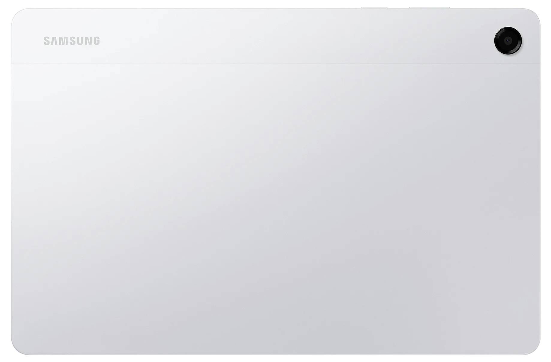 Une tablette Samsung blanche vue de dos, avec l'appareil photo dans le coin supérieur droit, présentant un design sobre et minimaliste.