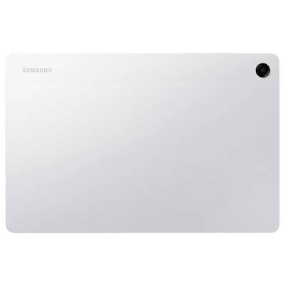 Une tablette Samsung blanche vue de dos, avec l'appareil photo dans le coin supérieur droit, présentant un design sobre et minimaliste.