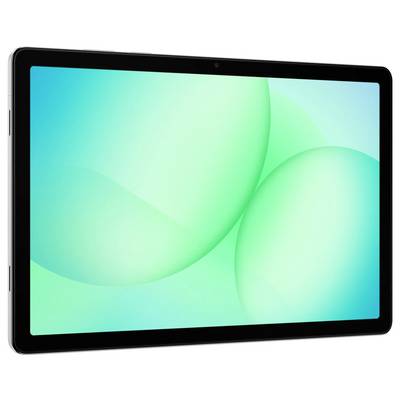 Une tablette noire avec un design abstrait vert à l'écran, présentant un appareil élégant et moderne probablement destiné à un usage personnel ou professionnel.