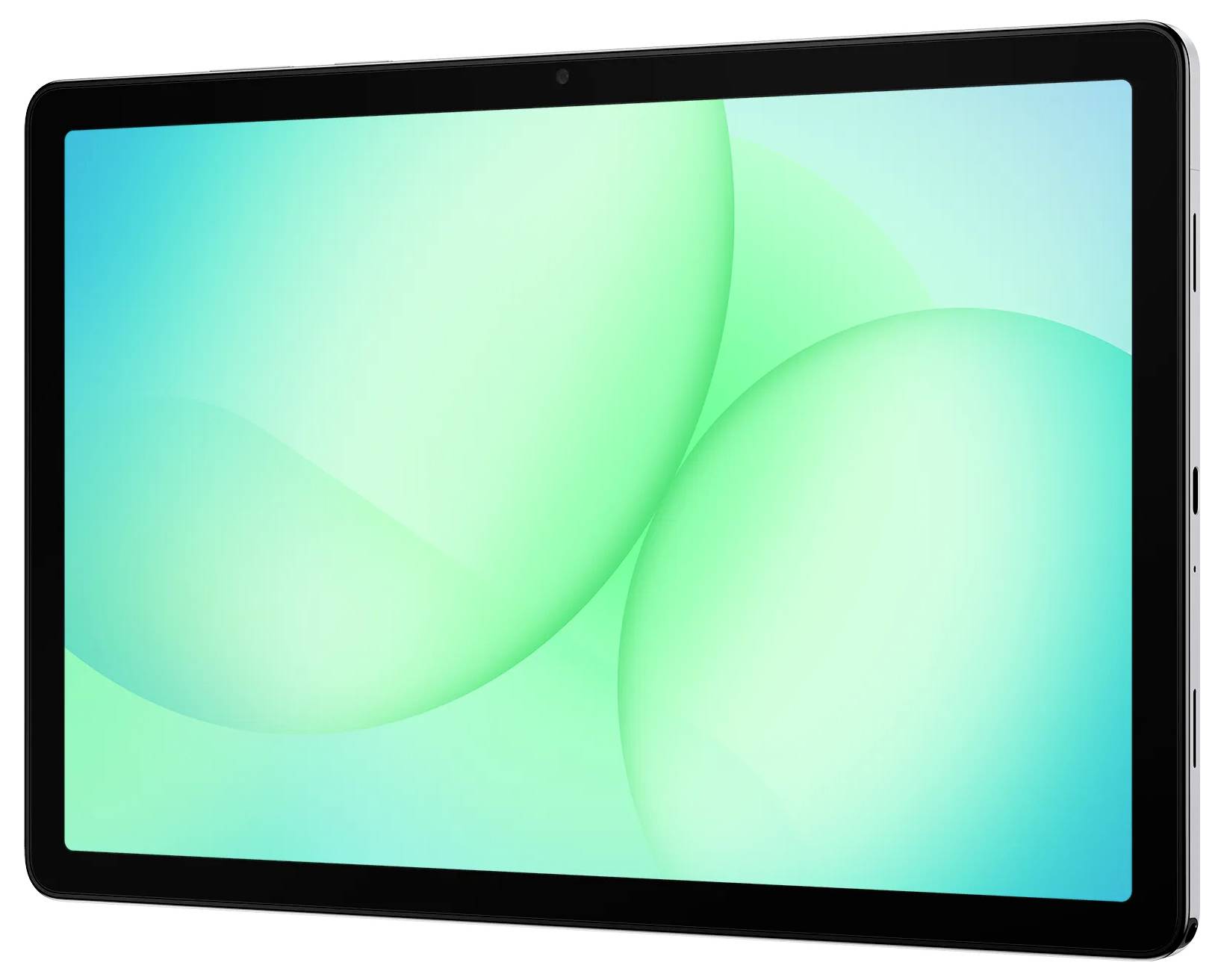 Une tablette numérique avec un cadre sombre affichant un arrière-plan vert abstrait.