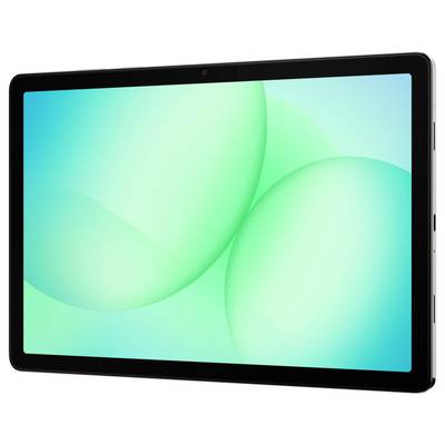 Une tablette numérique avec un cadre sombre affichant un arrière-plan vert abstrait.
