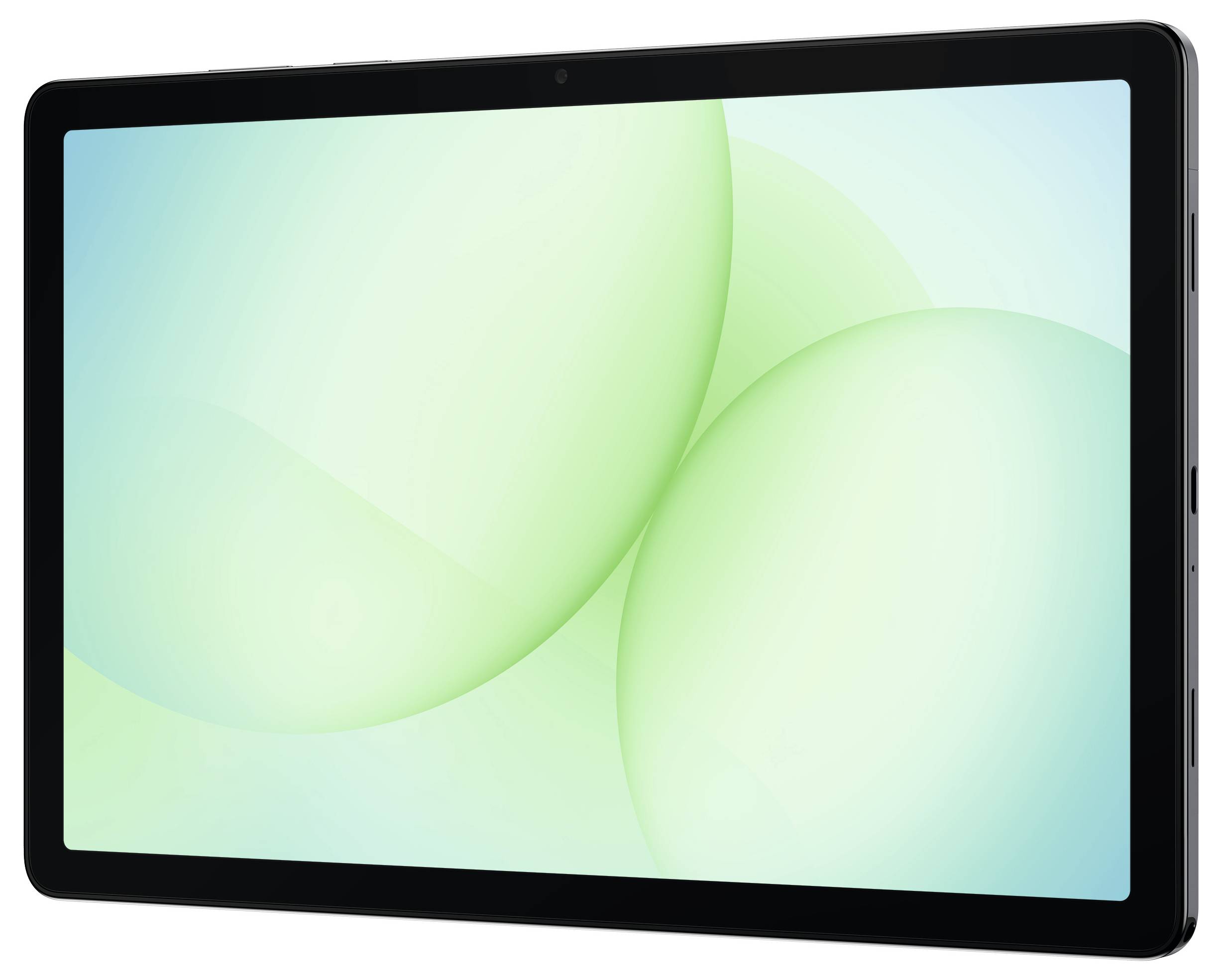 Une tablette au design noir élégant est présentée sur un fond dégradé lumineux, mettant en valeur son profil fin et son esthétique moderne.