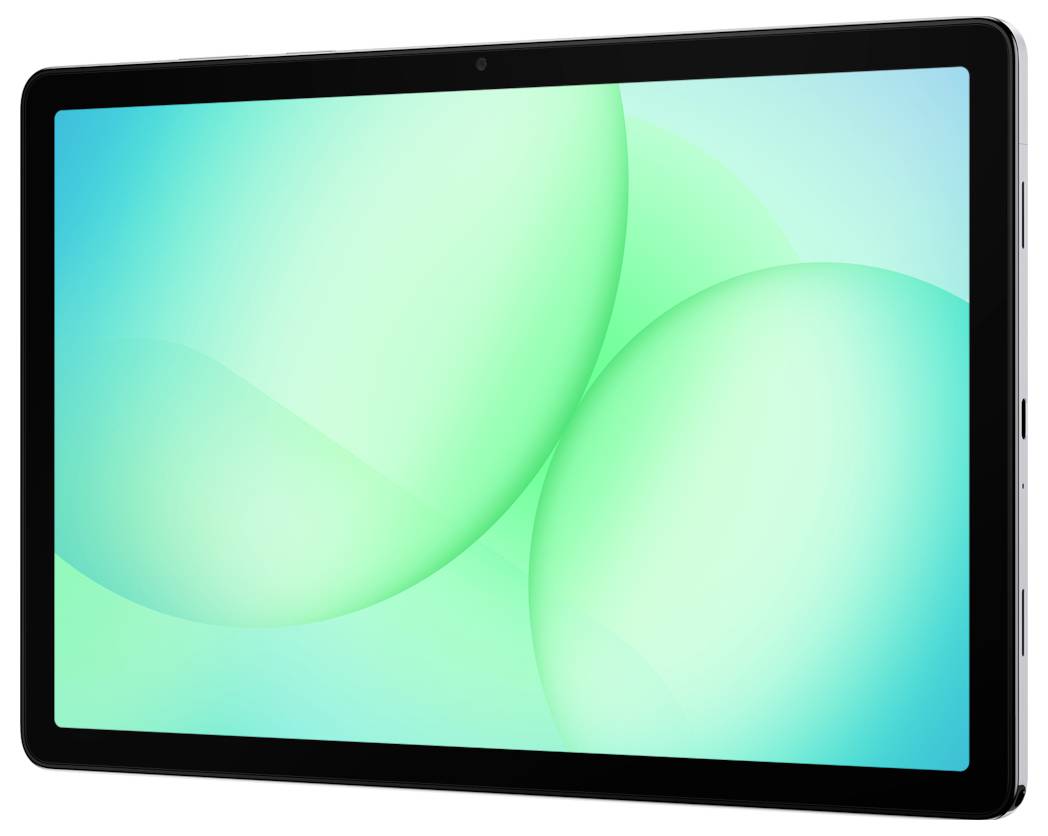 Une tablette noire affichant un fond abstrait lumineux vert et bleu sarcelle.