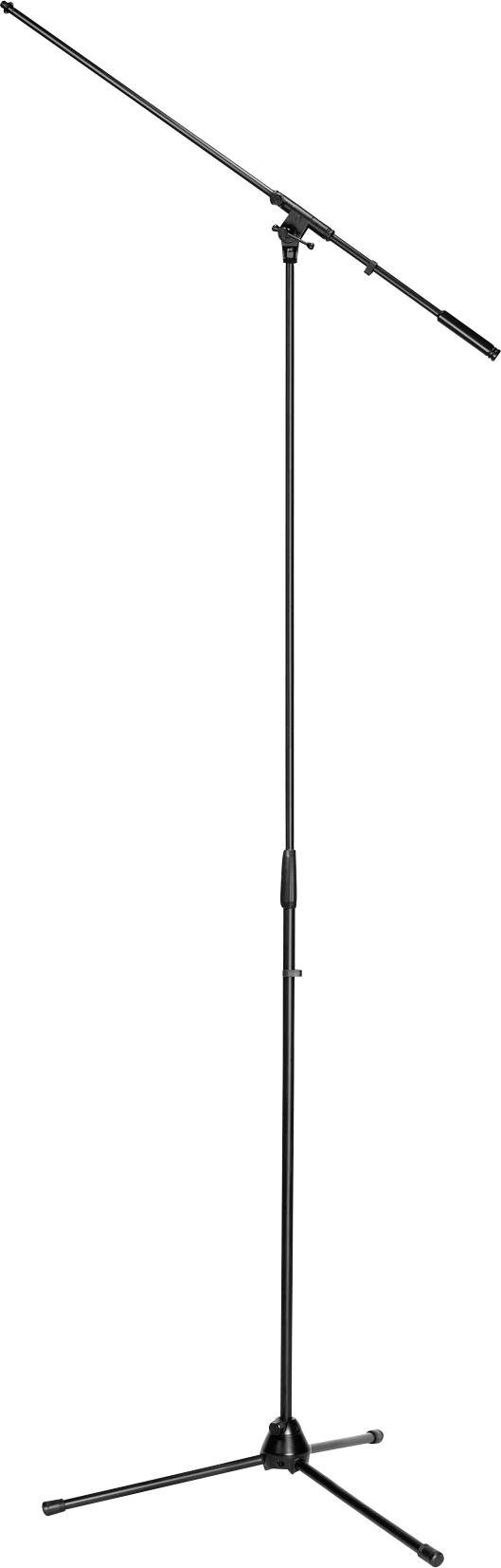 Un support de microphone noir réglable avec une base trépied et un long bras de perche étendu horizontalement au sommet.