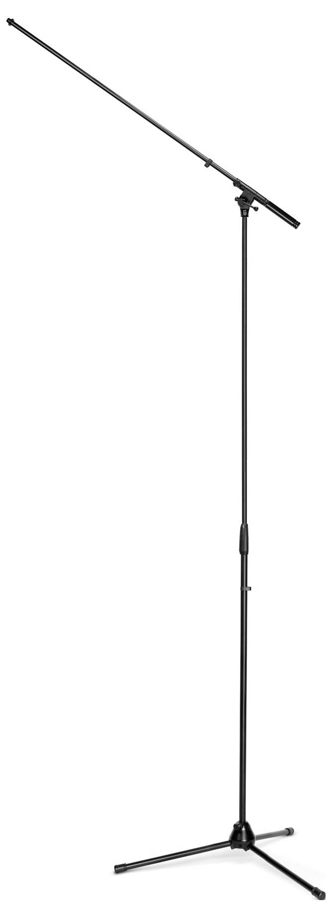Un support de microphone noir avec base trépied et bras orientable réglable, adapté pour une utilisation sur scène ou en studio.