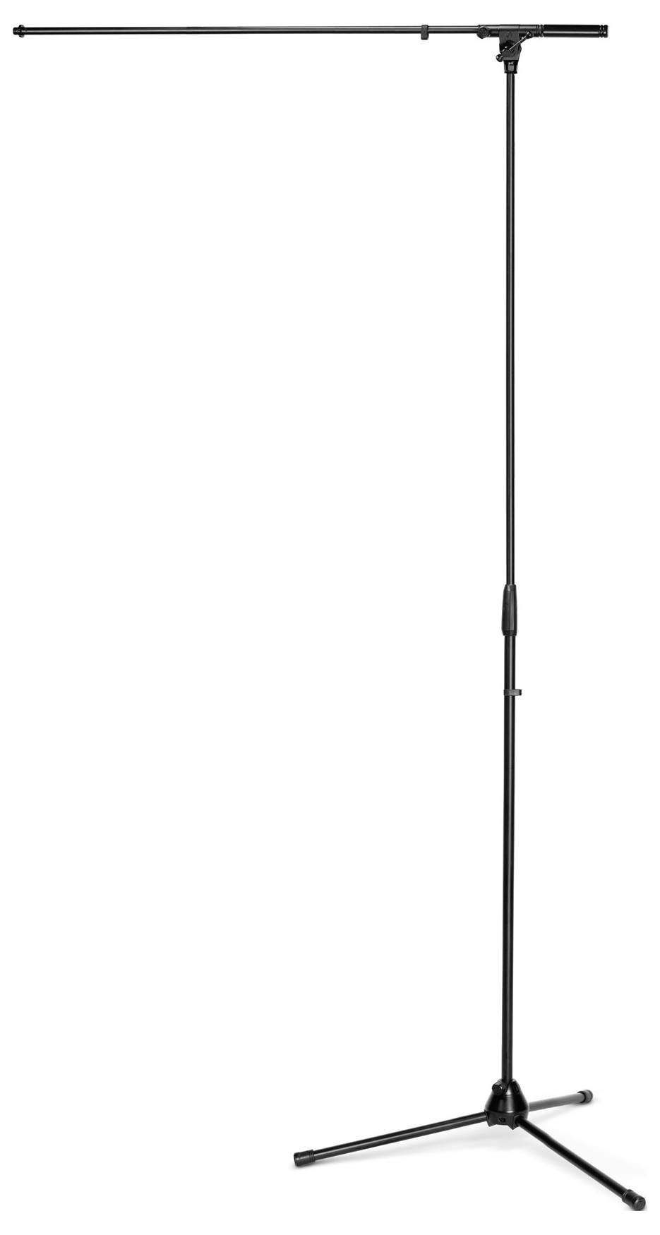 Un support de microphone noir avec une base trépied et un bras de perche réglable, adapté pour maintenir des microphones à différentes hauteurs et angles.