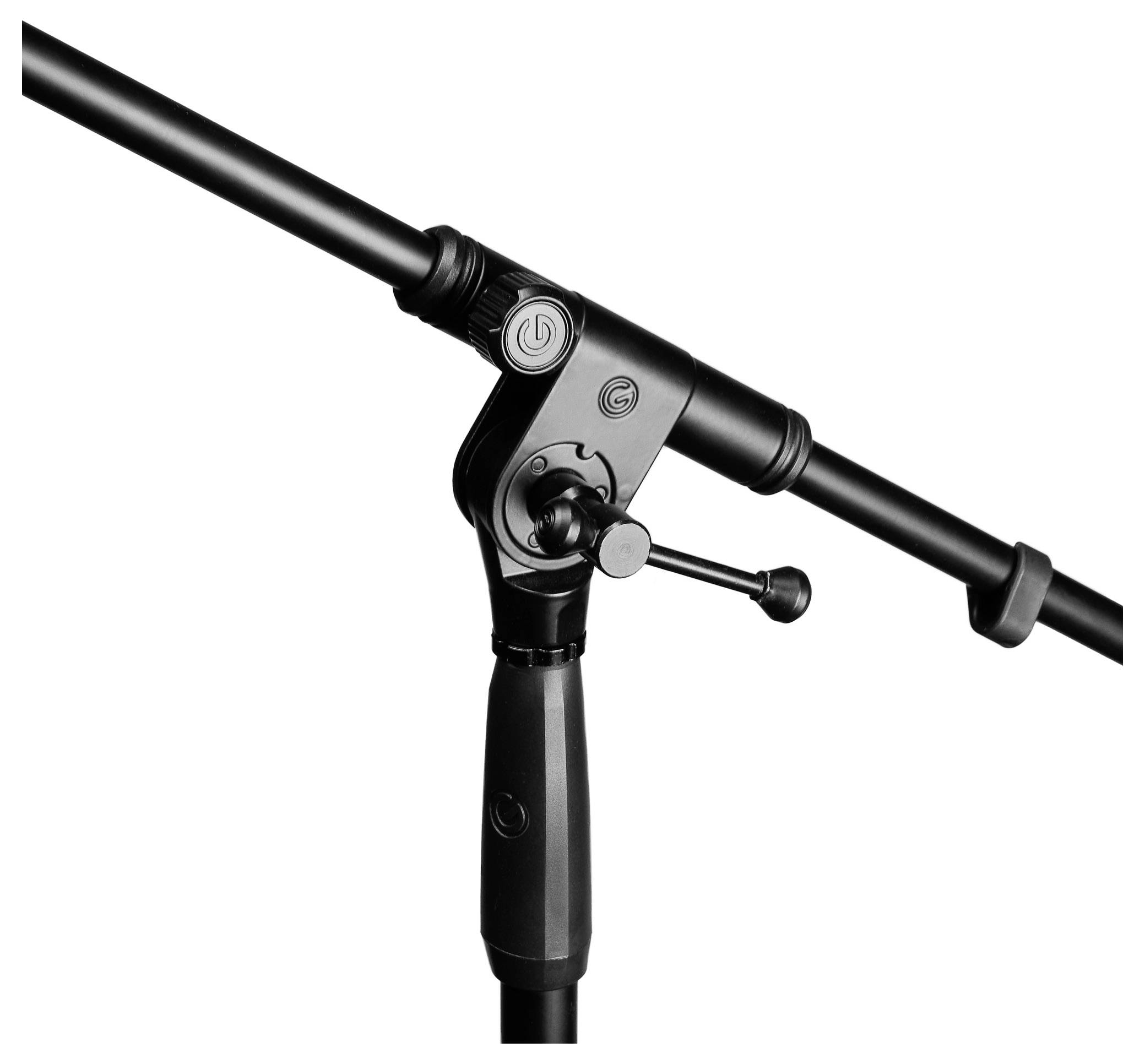 Un support de microphone noir avec un bras articulé réglable et un mécanisme de verrouillage sécurisé, placé sur un fond blanc uni.