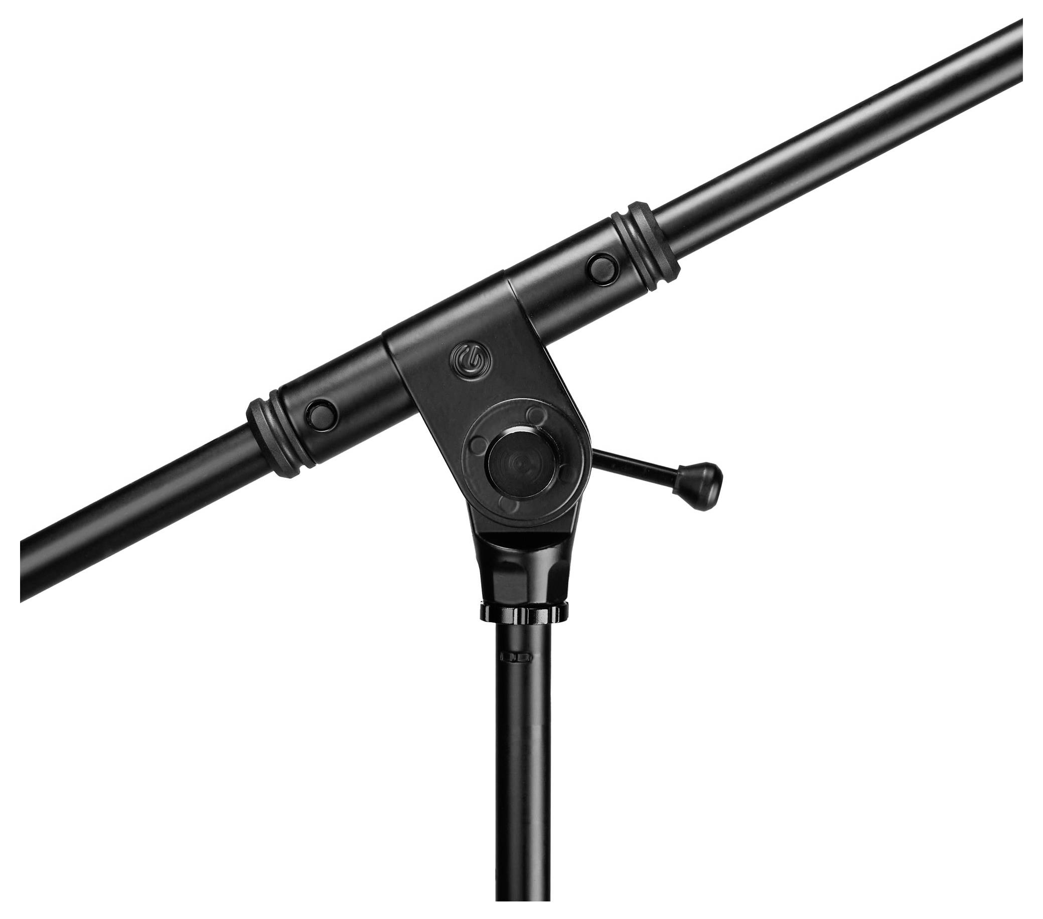 Un bras de support de microphone réglable noir avec un mécanisme de verrouillage, présenté en gros plan, indiquant sa conception robuste pour un positionnement sécurisé.