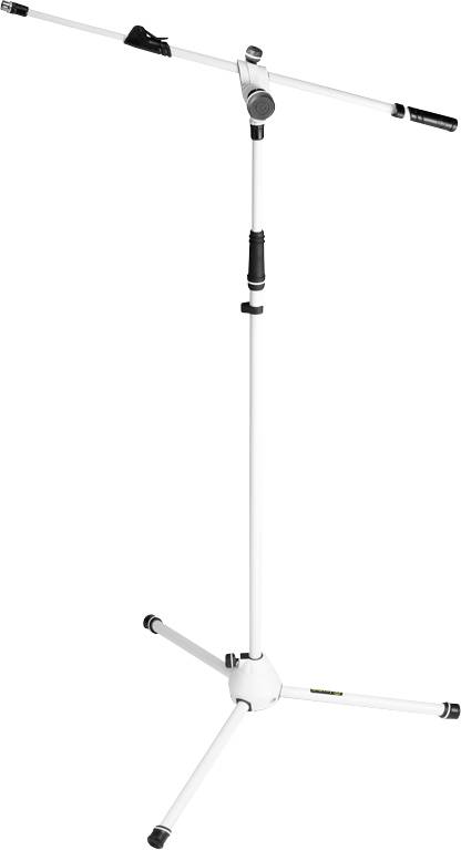 Un support de microphone blanc ajustable avec une base trépied et un bras télescopique, adapté pour maintenir un microphone à différentes hauteurs et angles.