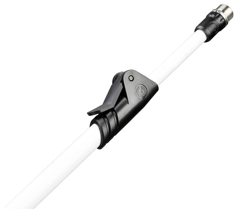 Une perche télescopique blanche avec un mécanisme de verrouillage noir et un embout métallique, probablement utilisée pour des outils de nettoyage ou d'entretien de piscine.
