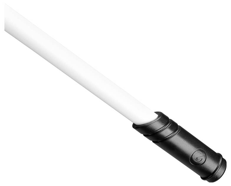 Une baguette élégante noir et blanc avec une poignée cylindrique, arborant un logo discret, positionnée en diagonale sur un fond blanc.