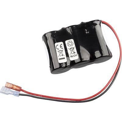 Batterie rechargeable noire avec câbles rouge et noir et connecteurs, marquée CE et Ni-Cd.